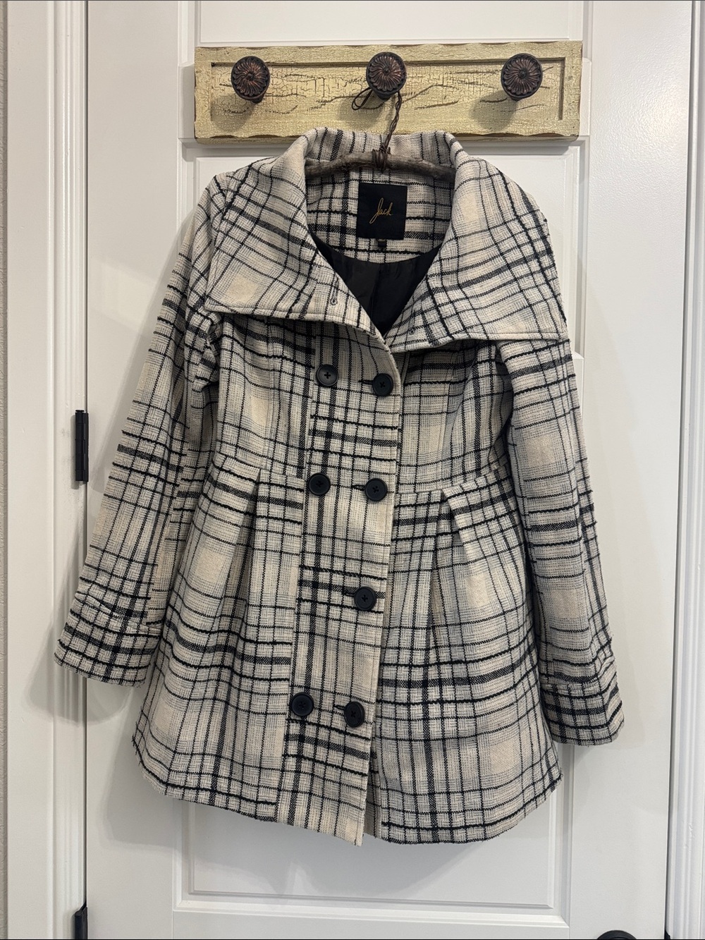 💕 Jack by BB Dakota Cream & Black Plaid Double-Breasted Tweed Pea Coat ✨